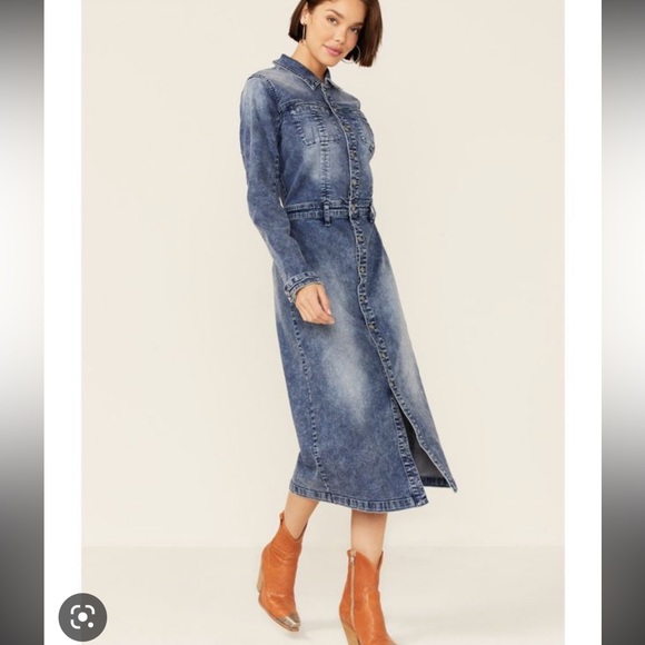 Billy T Raglan Sleeve Denim Button Down Western Maxi Shirt Dress - Picture 4 of 9